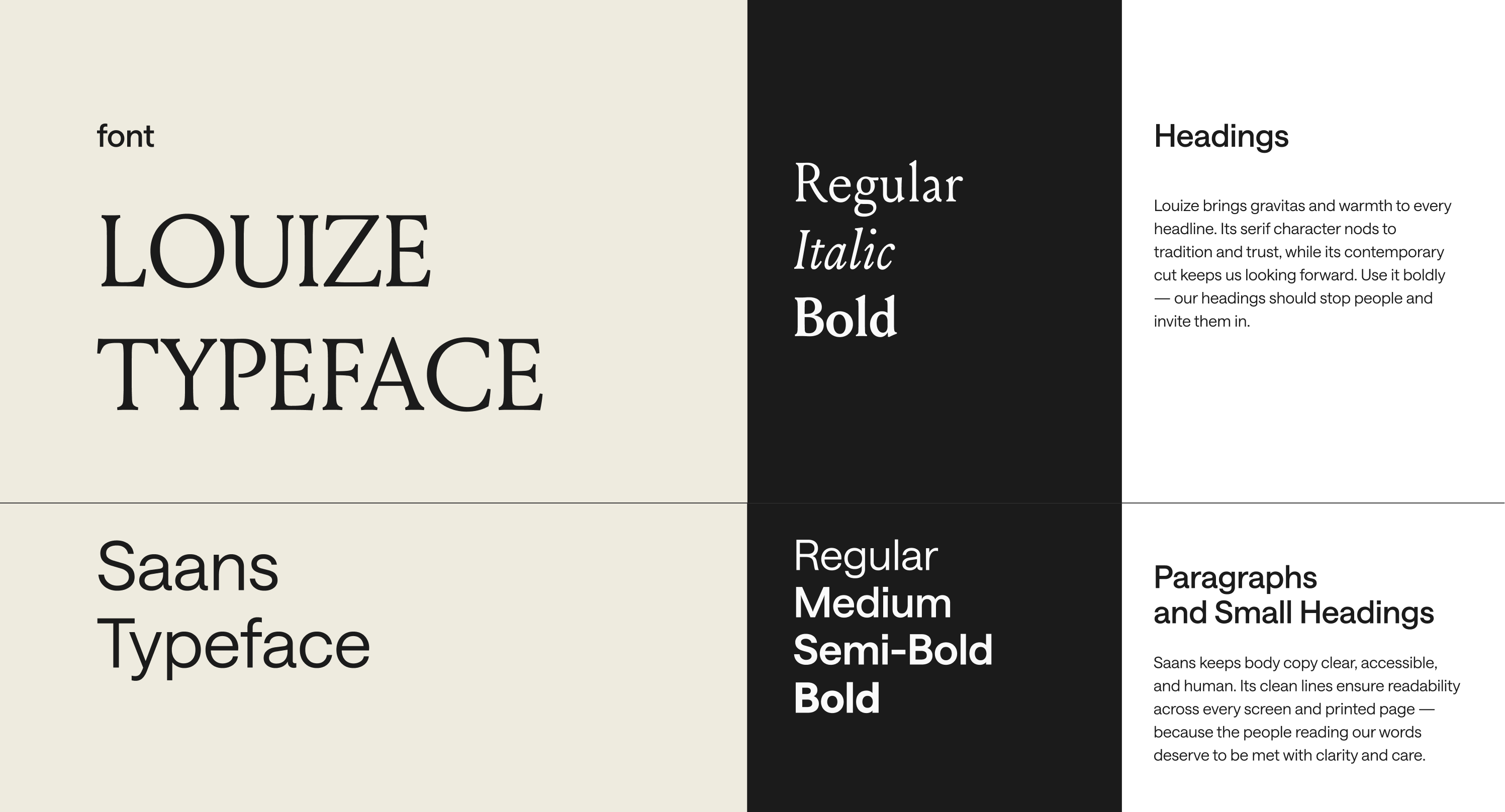 NECHAMA typography: Louize & Saans typefaces